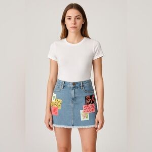 Alice + Olivia Route 66 Patchwork Denim Skirt Size 26 Mini Raw Hem Boho